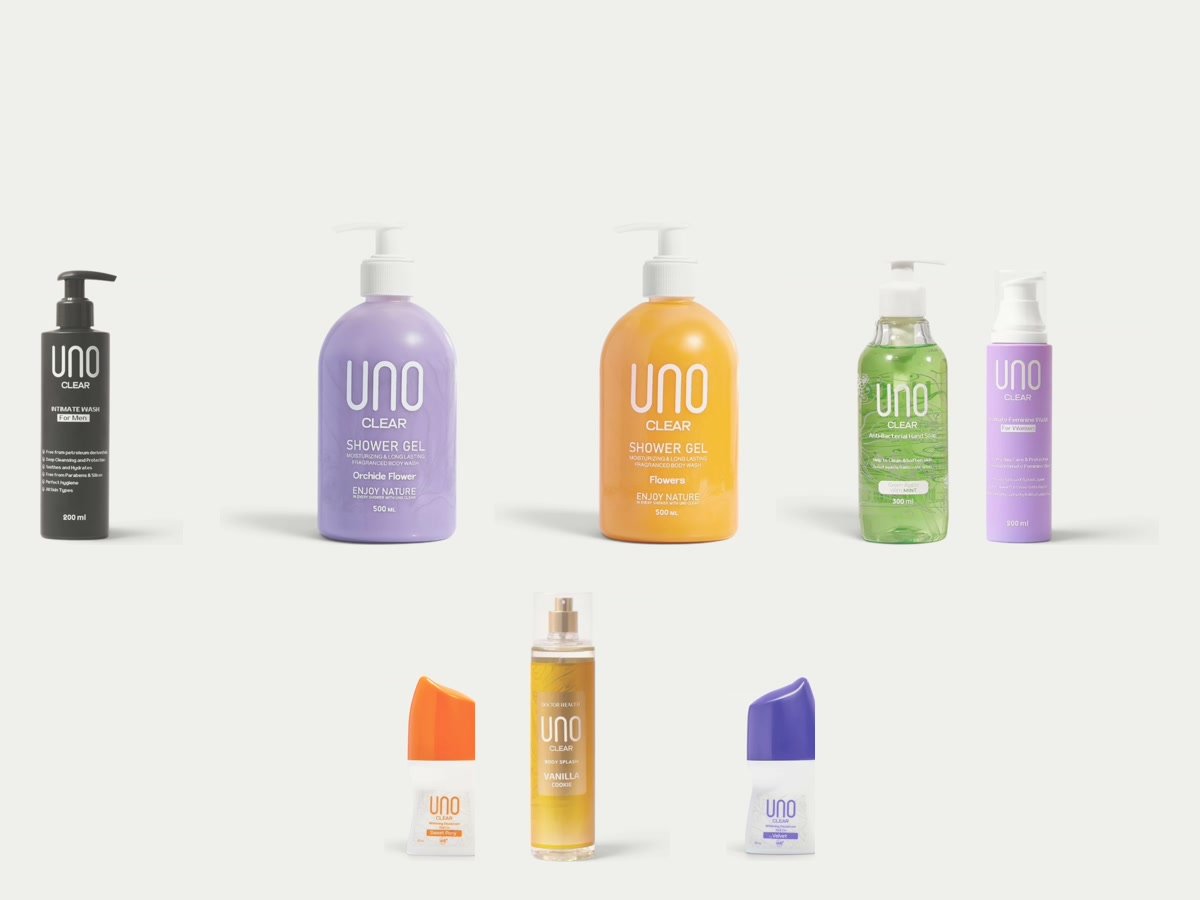 The UNO Clear range: intimate wash for men and for women, Orchide Flower and Flowers shower gels, anti-bacterial hand soap, Vanilla Cookie body splash and Sweet Pony and Velvet whitening deodorants