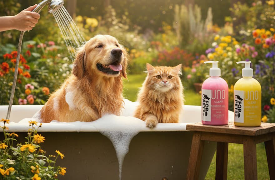 A dog and a cat in a garden bathtub beside two UNO Clear for Pets shower gels